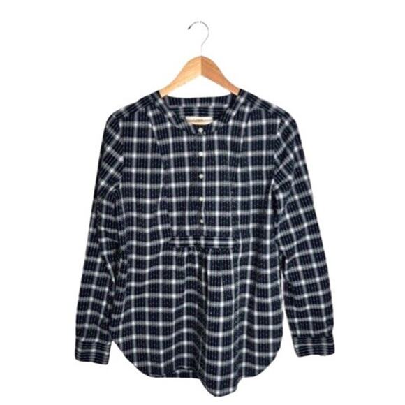 Loft Blouse Navy Plaid Long Sleeves Size Medium Flowing Blue White Cotton Winter - Picture 2 of 9